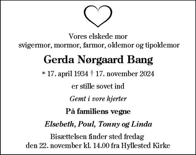 Dødsannonce for Gerda Nørgaard Bang