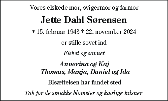 Dødsannonce for Jette Dahl Sørensen