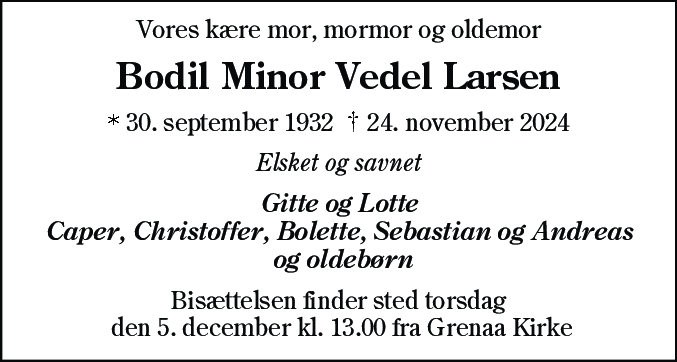 Dødsannonce for Bodil Minor Vedel Larsen
