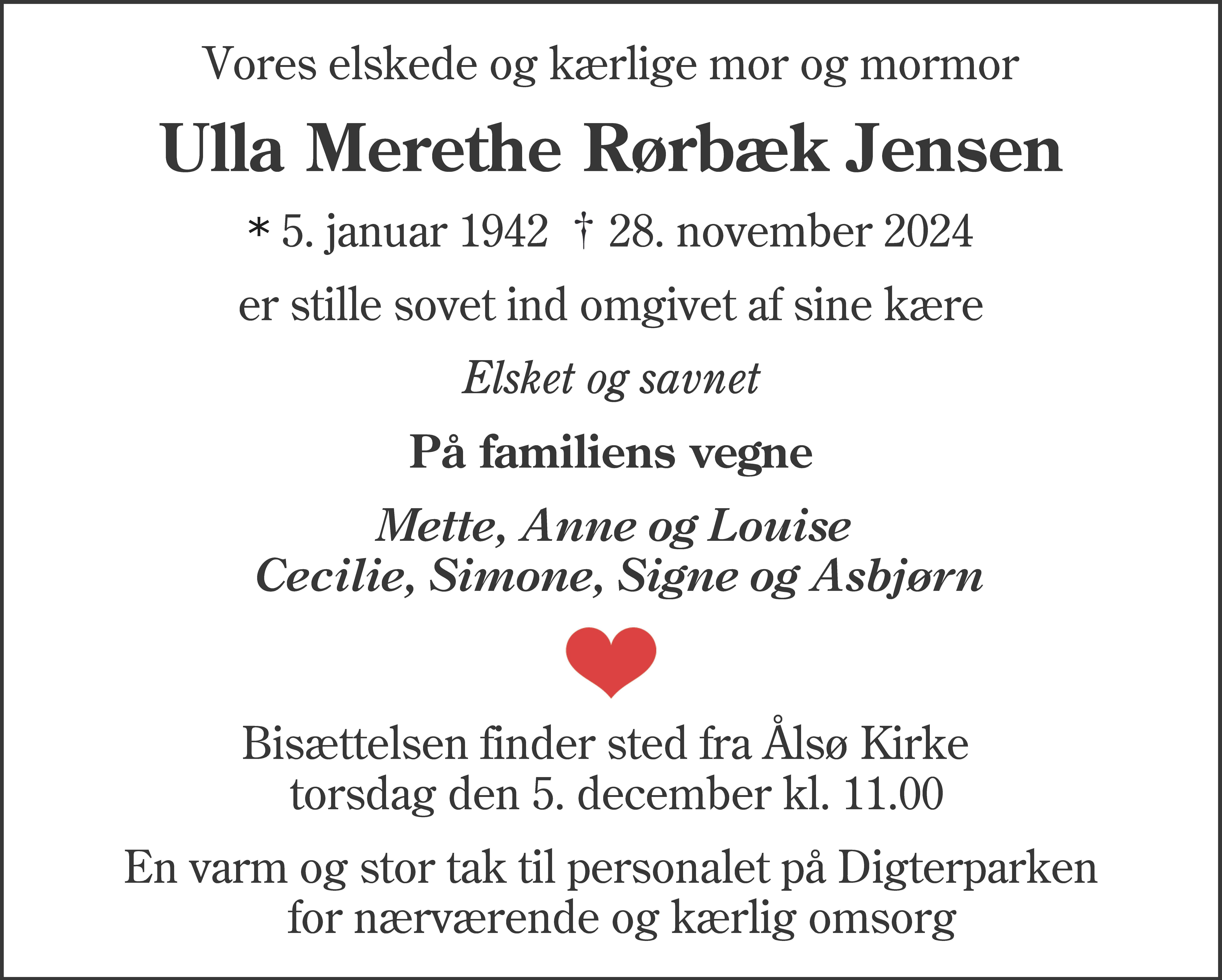 Dødsannonce for Ulla Merethe Rørbæk Jensen