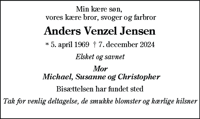 Dødsannonce for Anders Venzel Jensen