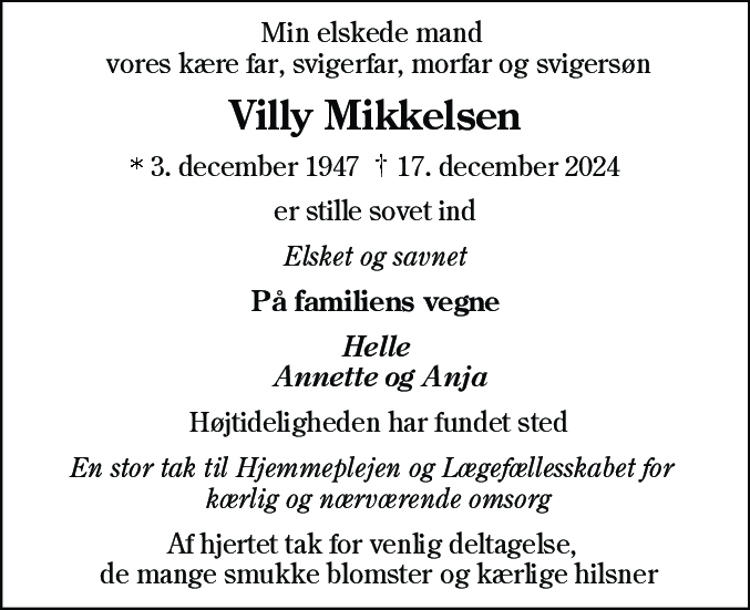 Dødsannonce for Villy Mikkelsen