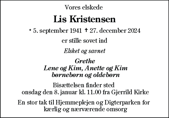 Dødsannonce for Lis Kristensen