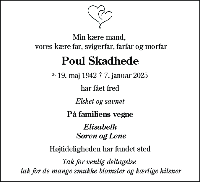 Dødsannonce for Poul Skadhede