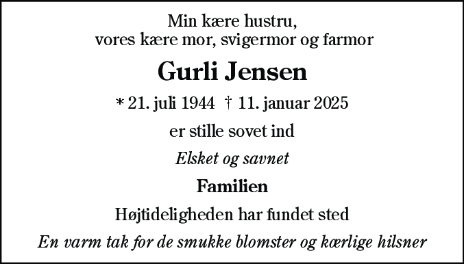 Dødsannonce for Gurli Jensen
