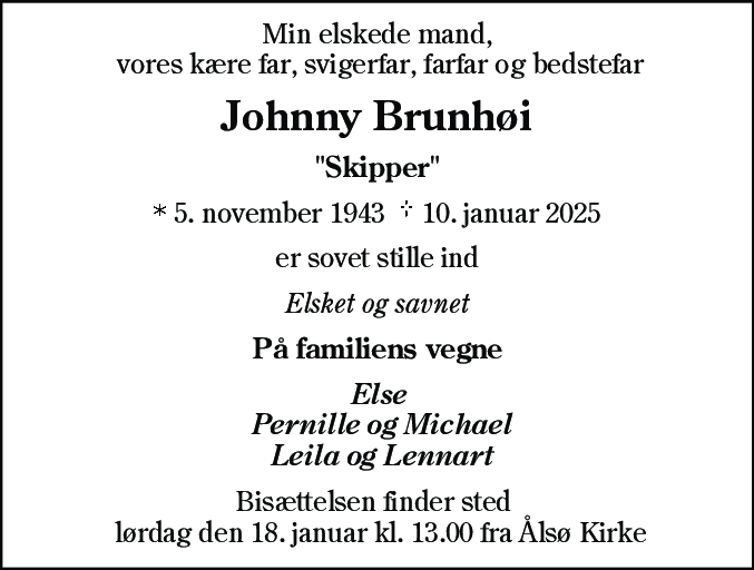 Dødsannonce for Johnny Brunhøi