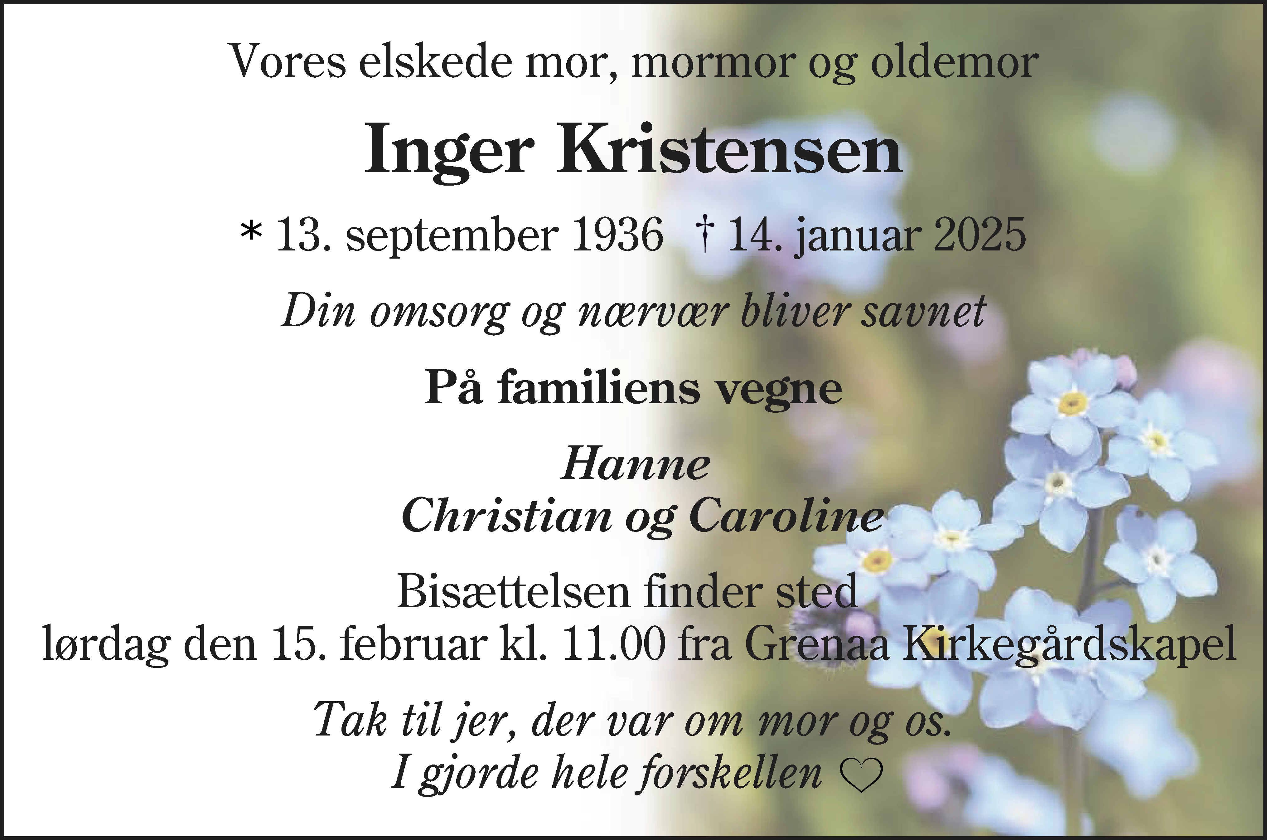 Dødsannonce for Inger Marie Kristensen