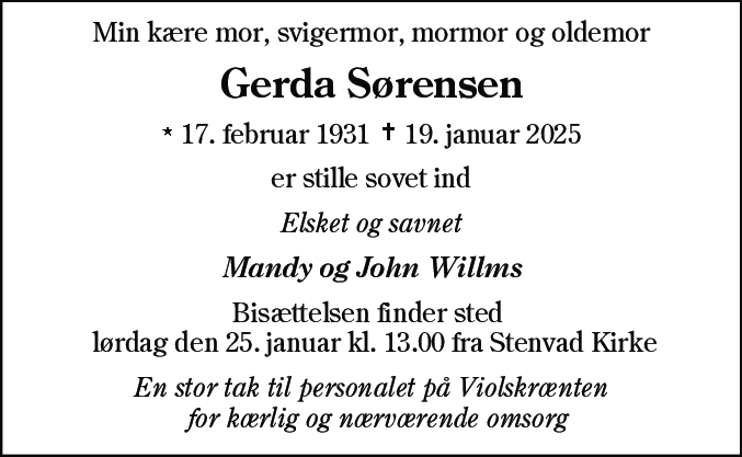 Dødsannonce for Gerda Johanne Sørensen