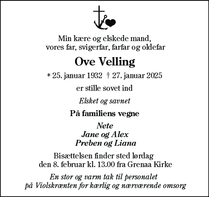 Dødsannonce for Ove Velling