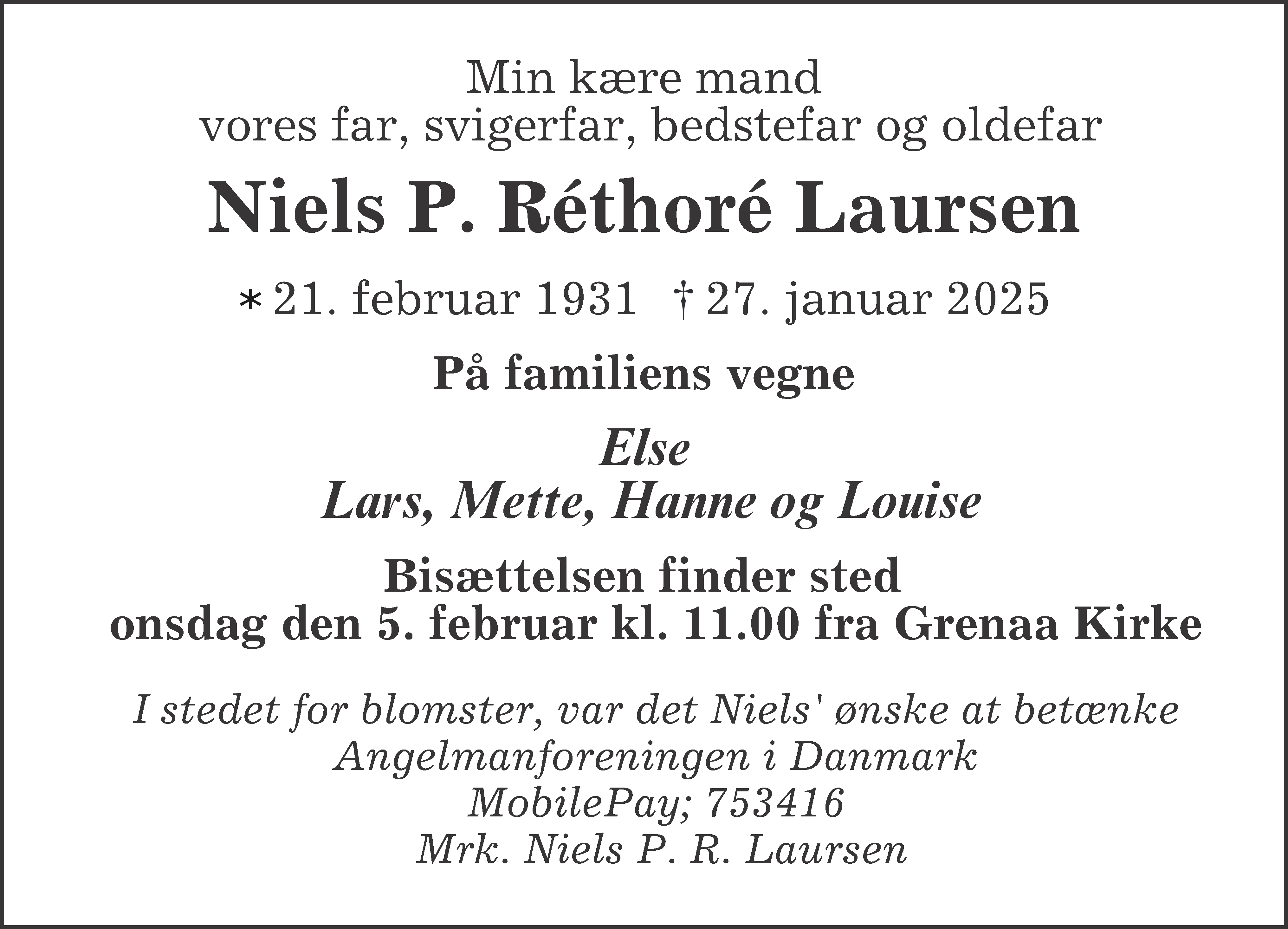 Dødsannonce for Niels Peter Réthoré Laursen