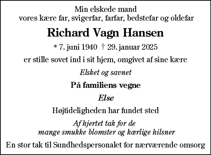 Dødsannonce for Richard Vagn Hansen