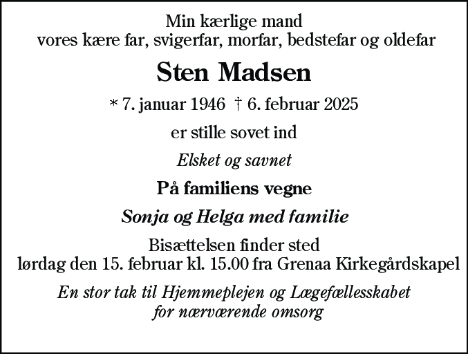 Dødsannonce for Sten Madsen