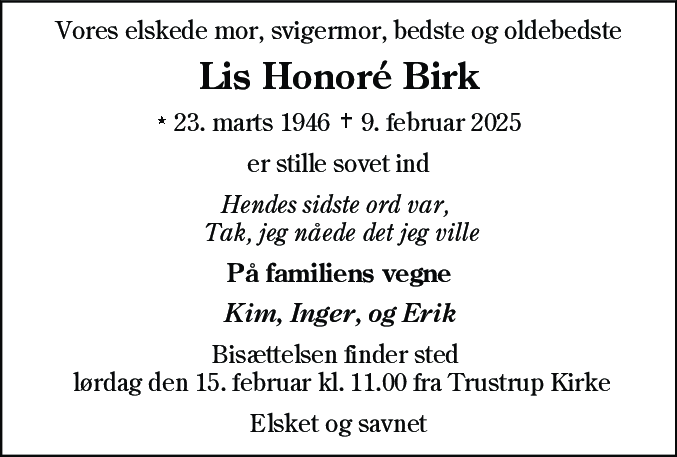 Dødsannonce for Lis Honoré Birk