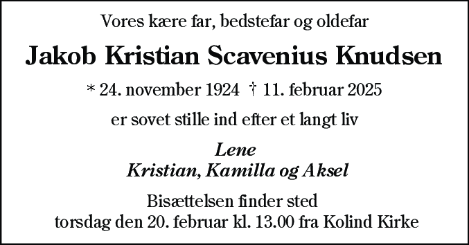 Dødsannonce for Jakob Kristian Schavenius Knudsen