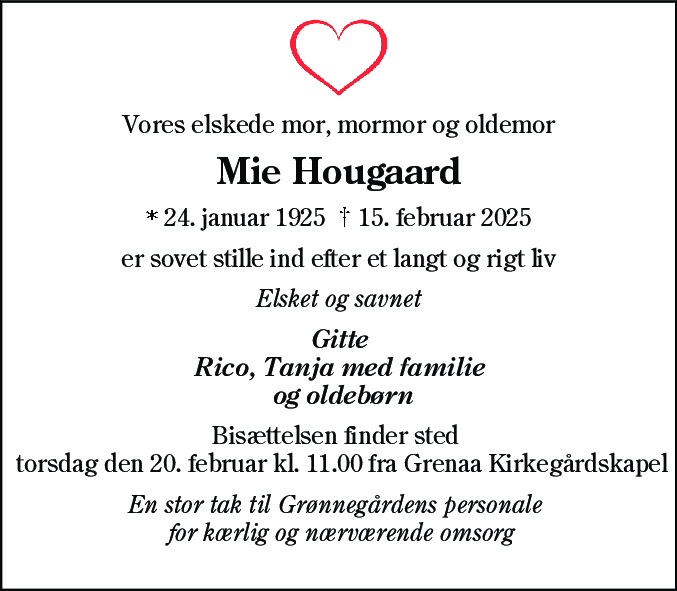 Dødsannonce for Marie Hougaard