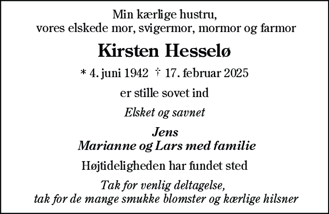 Dødsannonce for Kirsten Hesselø