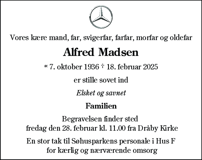 Dødsannonce for Alfred Marius Madsen