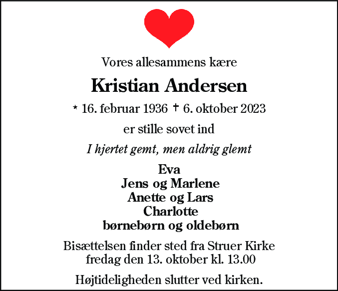 Dødsannonce for Kristian Hansen