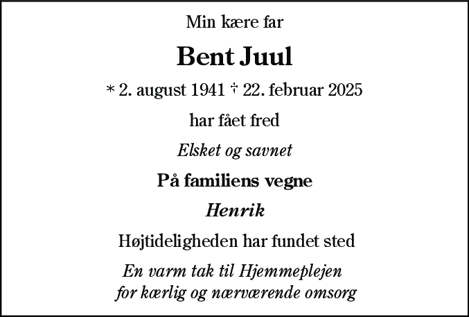 Dødsannonce for Bent Charlie Juul