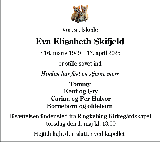 Dødsannonce for Eva Elisabeth Skifjeld