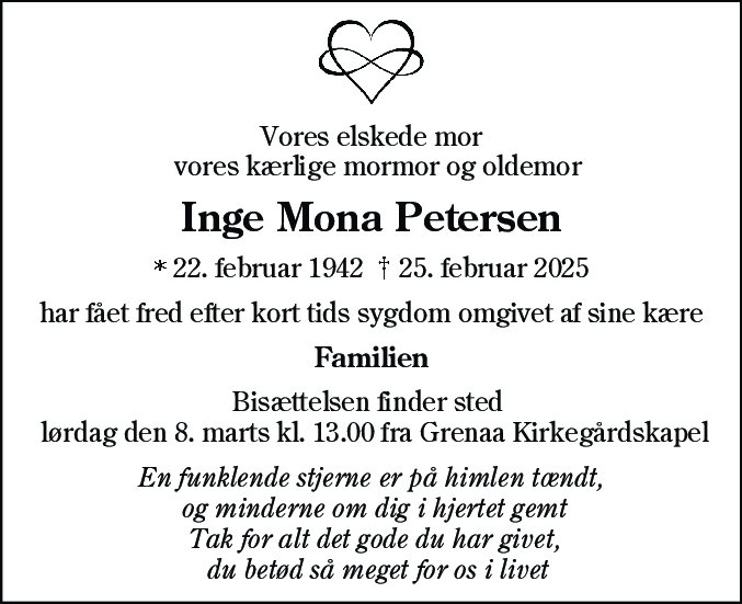 Dødsannonce for Inge Mona Petersen