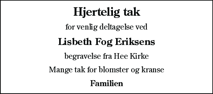Dødsannonce for Lisbeth Fog Eriksen