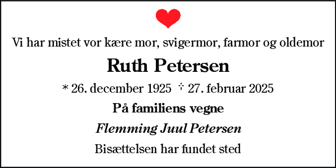 Dødsannonce for Ruth Petersen