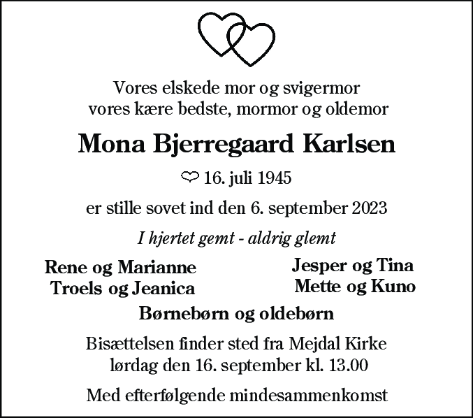 Dødsannonce for Mona Bjerregaard Karlsen