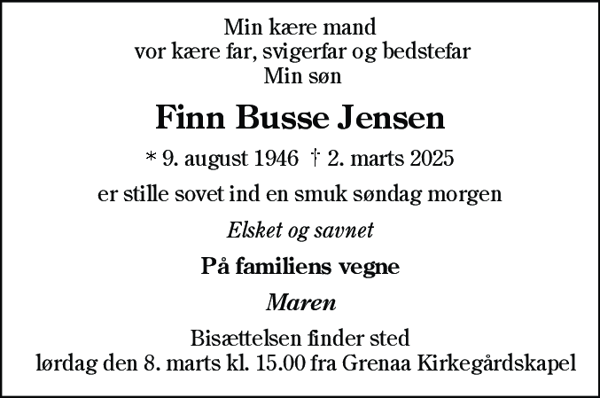 Dødsannonce for Finn Busse Jensen