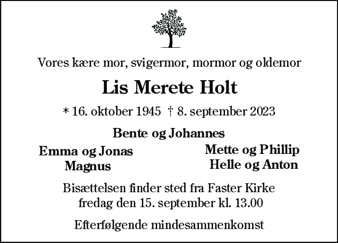 Dødsannonce for Lis Merete Holt