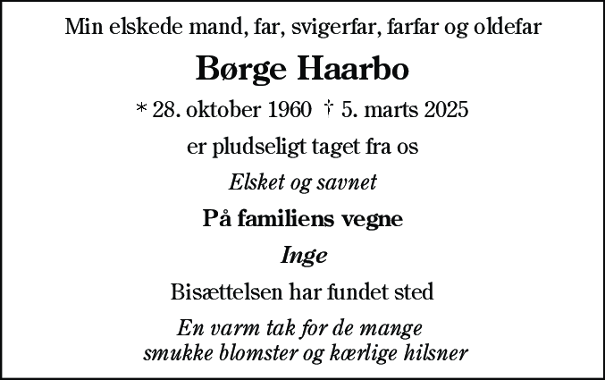 Dødsannonce for Børge Haarbo