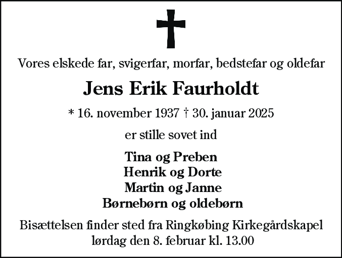 Dødsannonce for Jens Erik Faurholdt