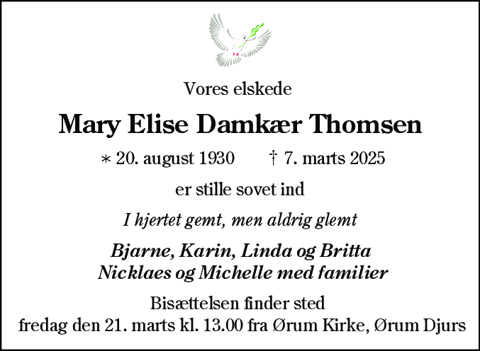 Dødsannonce for Mary Elise Thomsen