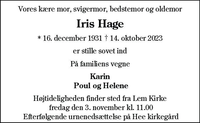 Dødsannonce for Iris Hage