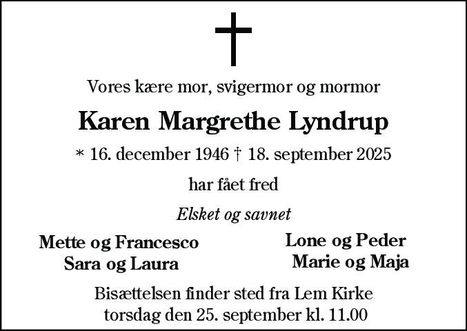 Dødsannonce for Karen Margrethe Lyndrup