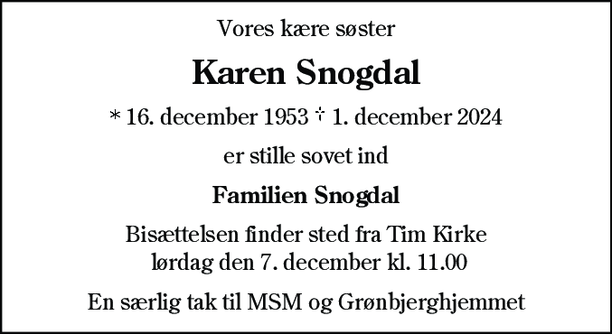 Dødsannonce for Karen Snogdal