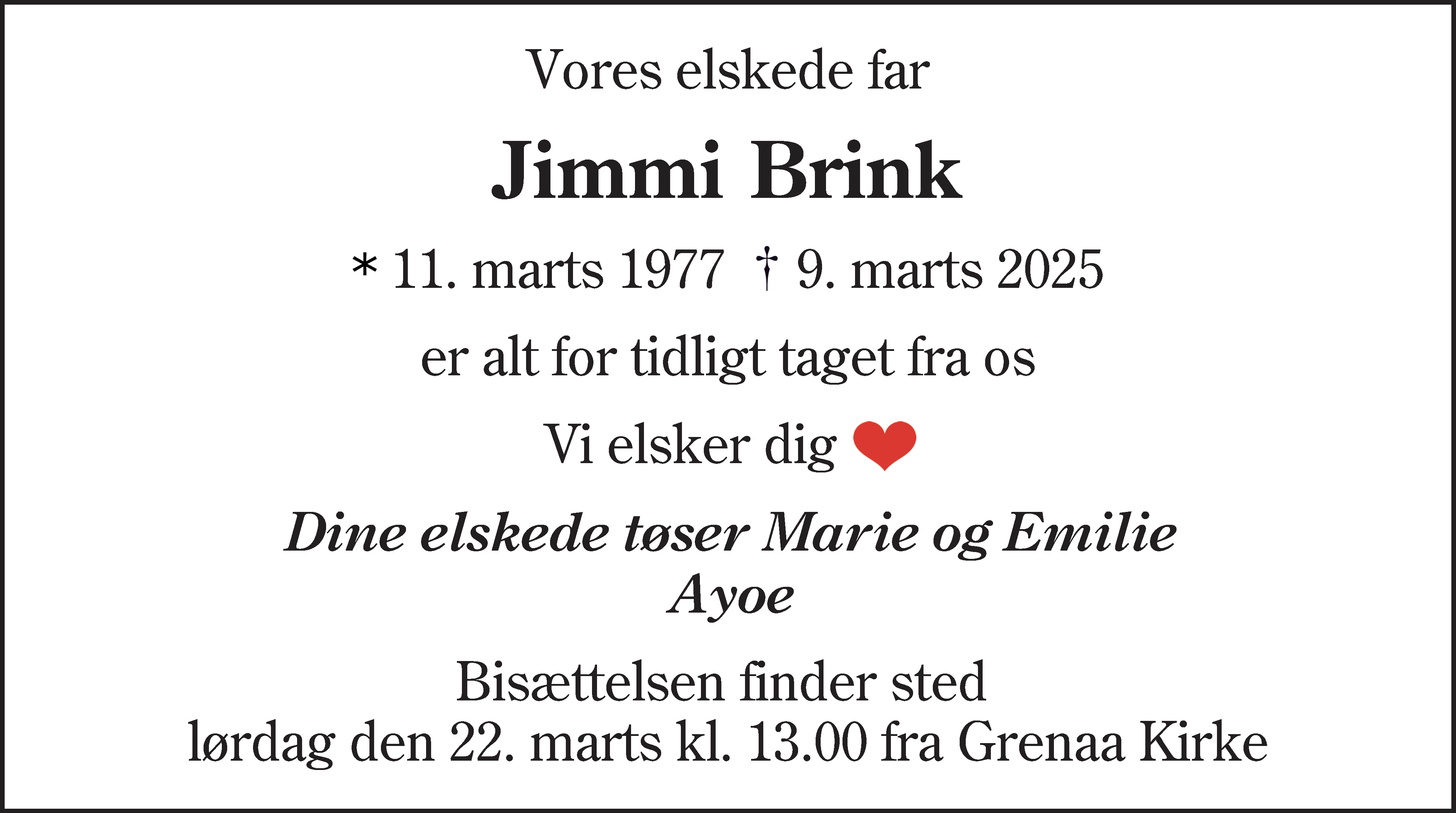 Dødsannonce for Jimmi Brink