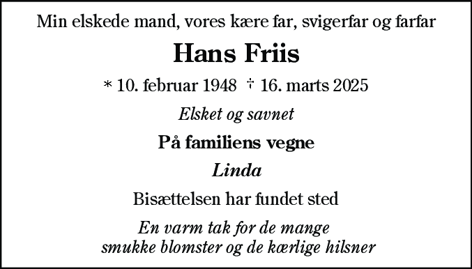 Dødsannonce for Hans Peter Friis