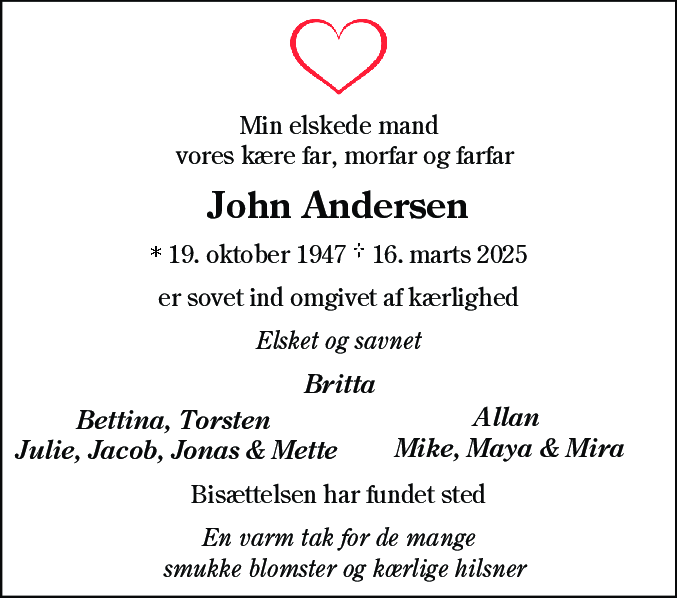 Dødsannonce for John Andersen
