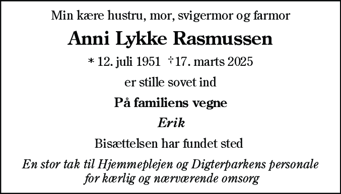 Dødsannonce for Anni Lykke Rasmussen