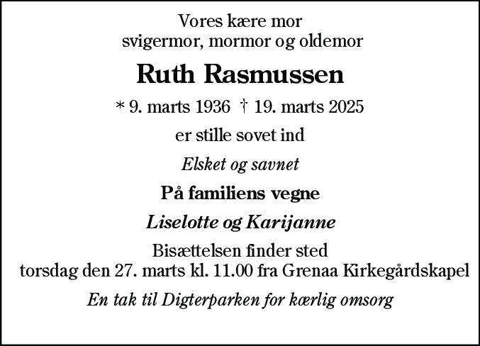 Dødsannonce for Ruth Doris Rasmussen