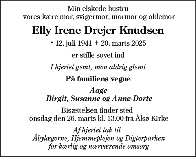 Dødsannonce for Elly Irene Drejer Knudsen