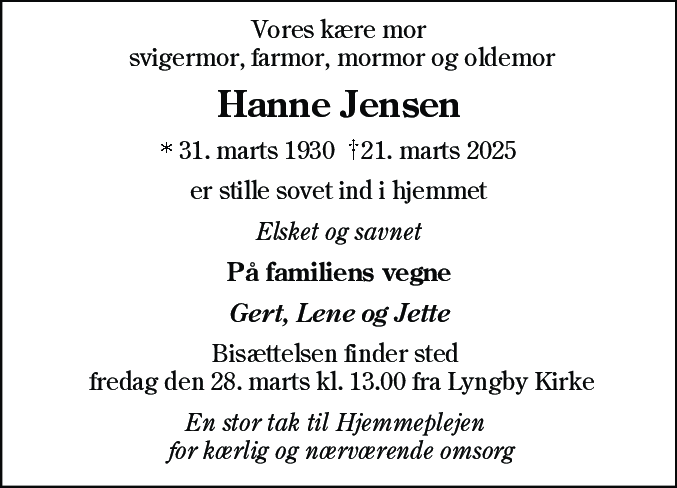 Dødsannonce for Johanne Marie Jensen
