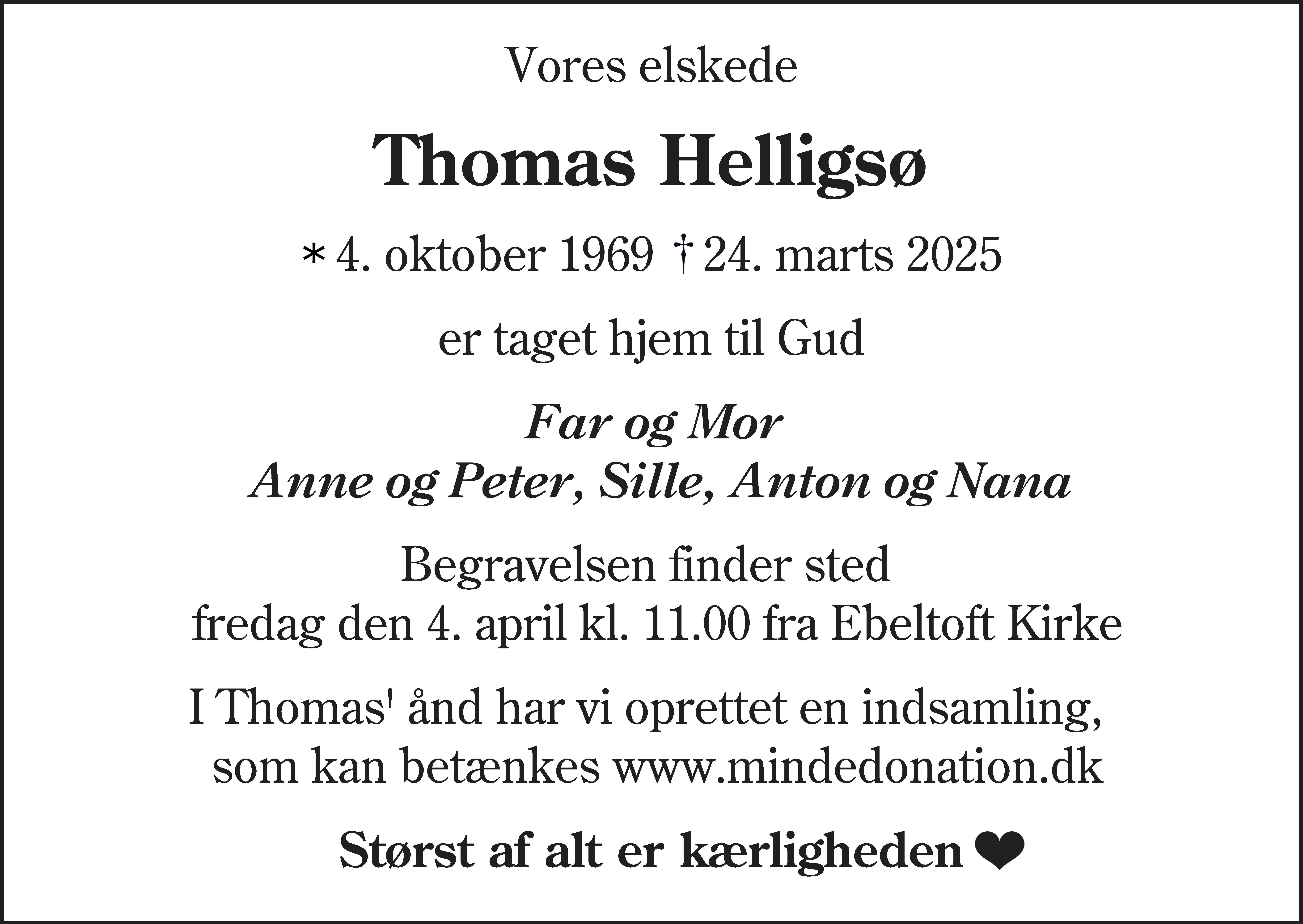 Dødsannonce for Thomas Helligsø