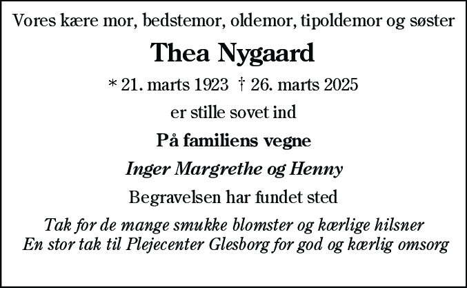Dødsannonce for Dorthea Sofie Nygaard