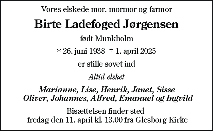 Dødsannonce for Birthe Ladefoged Jørgensen