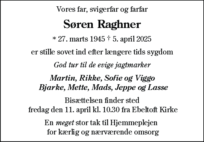 Dødsannonce for Søren Raghner