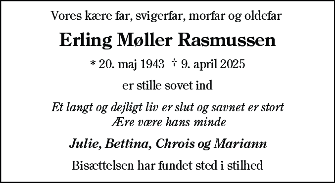 Dødsannonce for Erling Møller Rasmussen