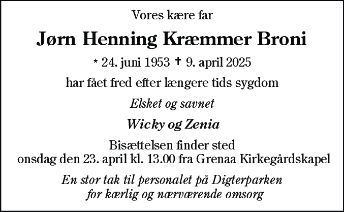Dødsannonce for Jørn Henning Kræmmer Broni