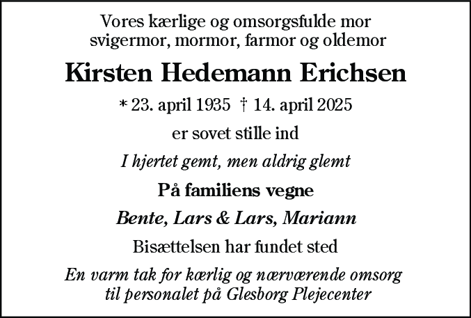 Dødsannonce for Kirsten Hedemann Erichsen